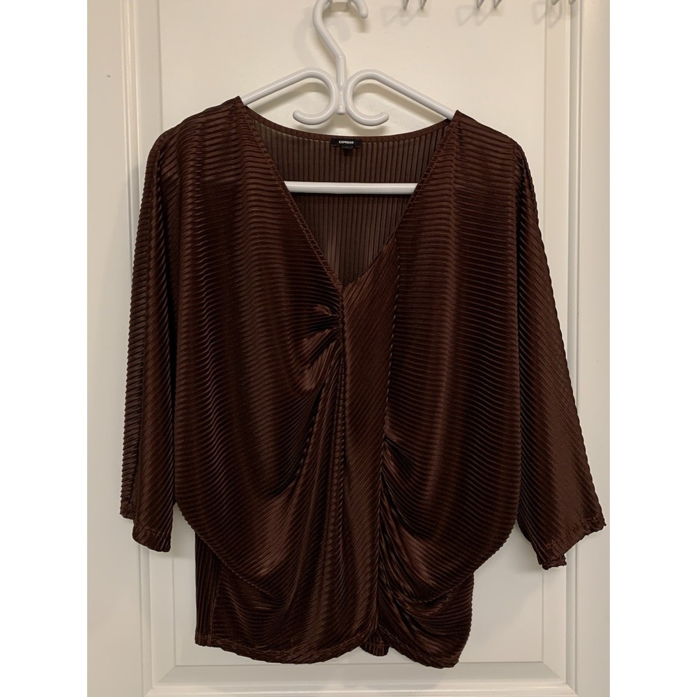 Express Pleated Blouse XL Satin Brown Wrap Front Party Club Chic Boho Luxe